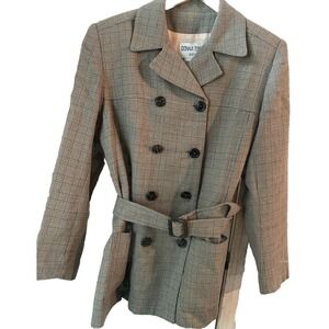 Wool Donna Toran Women's Suit Jacket 12 Plaid Beige Belt Collar Double Breasted